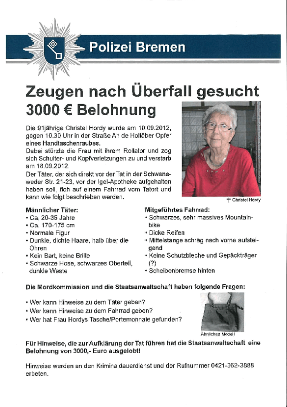 Fahndungsplakat nach Raubüberfall an Christel Hordy mit Tatzeitraum, Tatort, Beschreibung des Täters