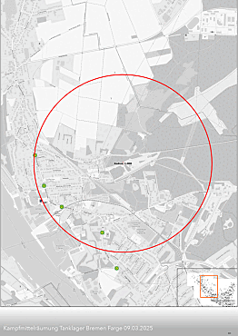 Kartenausschnitt, der Bombenfundort sowie Evakuierungsradius darstellt 